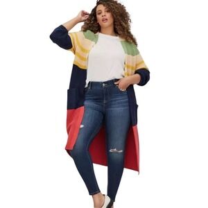 Torrid Sweater Knit Long Duster Cardigan 2X Mix Yarn Color Block Open Front